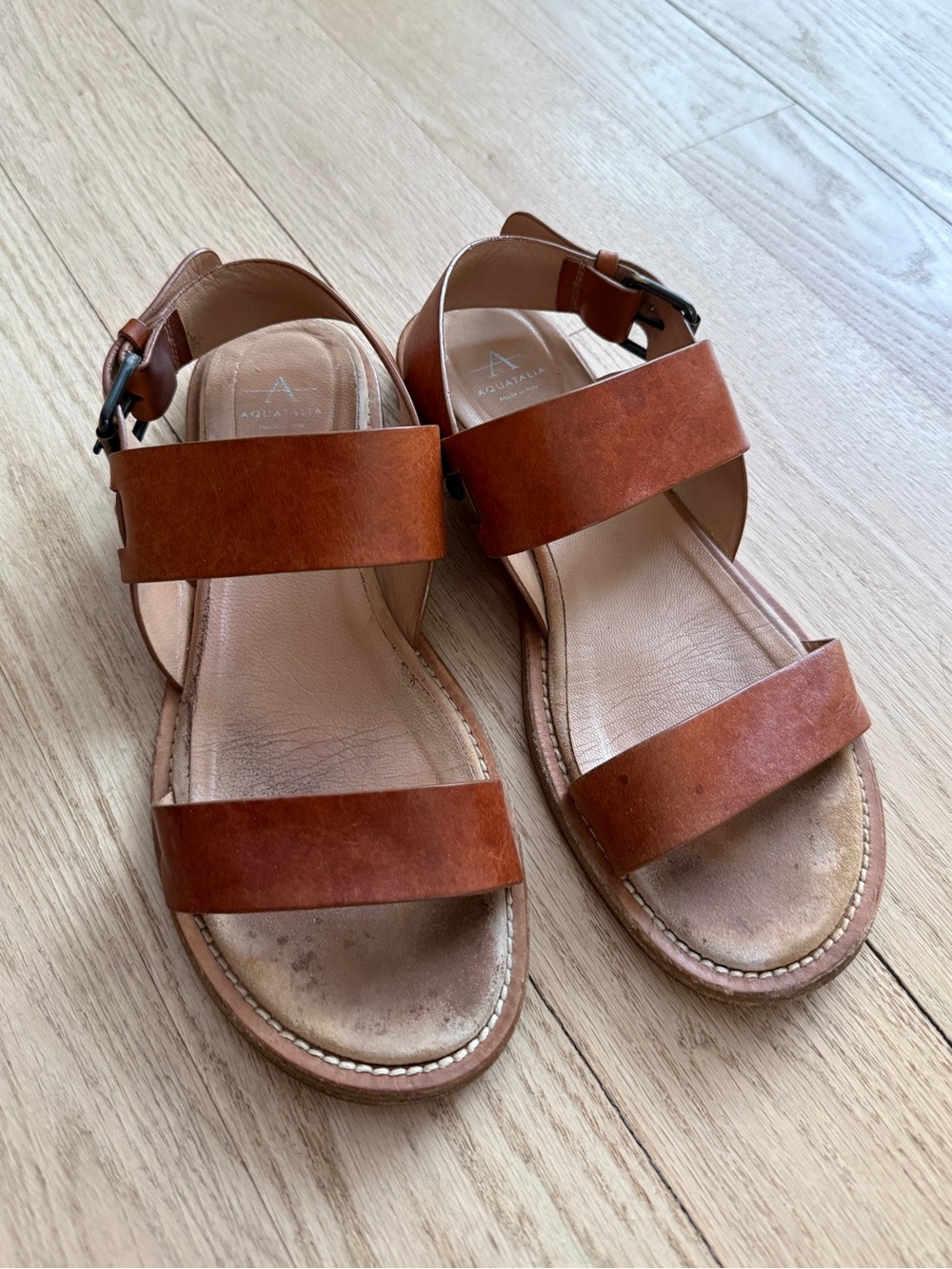 Aquatalia Tan Leather Two-Strap Women's Sandals 7.5